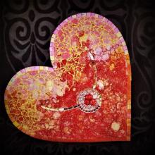 Red heart , mirror, acrylic, tempered glass and coral