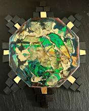 No title . Glass inks iridescent glass and 24k gold Smalti on slate 